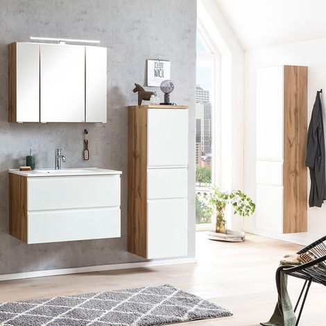 Badezimmer Möbel Set mit Waschbecken und LED Beleuchtung, Wotan Eiche Nb. mit weiß matt, VASTO-03-WHITE (1/5)