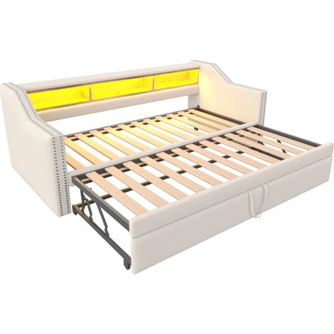GagaCanapé-lit rembourré extensible 90 à 180 x 190 cm, LED, USB, beige (1/5)