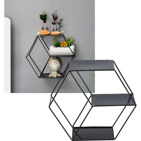 Étagère hexagonale en fer forgé noir pour salon, chambre ou bureau - Décor mural moderne (1/5)