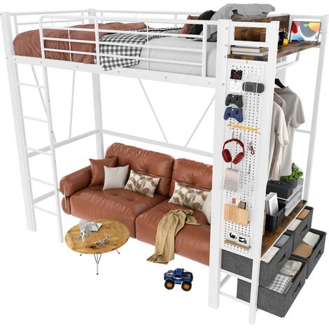 Cama alta individual con 4 cajones, USB, Type-C, LED, estantes y barra 90×200 cm, sin colchón, Blanca (1/5)