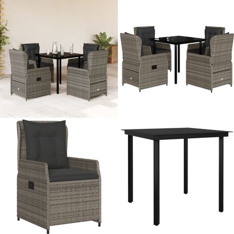 Set da Pranzo da Giardino 5 pz con Cuscini in Polyrattan Grigio - Sedie da giardino reclinabili - Tavolo da giardino