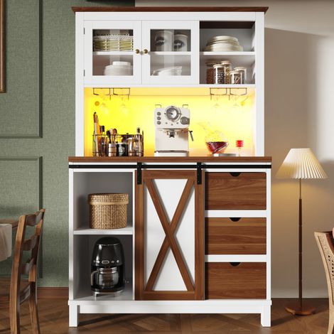 Armario alto de cocina 104x40x180 cm blanco en MDF, metal y vidrio con LED, puerta corredera y baldas ajustables (1/5)