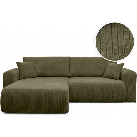 Loungitude – Canapé convertible d'angle réversible 4 places en velours côtelé – Coffre de rangement intégré – Vert kaki – Fabrication européenne (1/5)