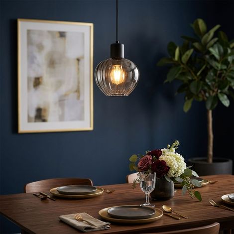 Lampada a sospensione per sala da pranzo, lampada a sospensione per soggiorno, nero, vetro fumé, E27 (1/5)