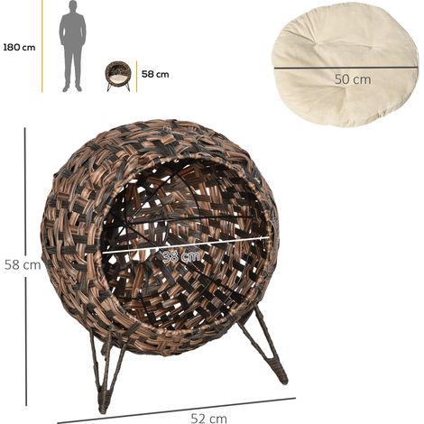Maison pour chat en rotin avec coussin, lit pour chat, niche pour chat avec pieds surélevés, marron, Ø52 x 58 cm (1/5)