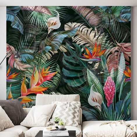 Papier peint panoramique - Feuilles tropicales - 130 cm x 130 cm (1/4)