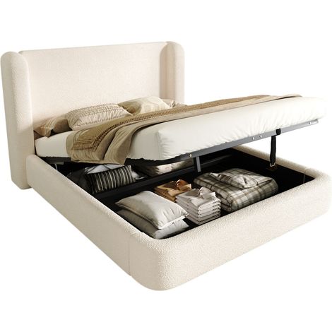 Lit coffre 160 x 200 cm en tissu bouclette beige avec sommier à lattes, tête de lit rembourrée et rangement hydraulique, idéal pour chambre adulte - CHICFURN (1/5)