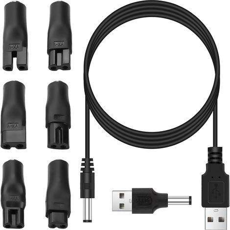 5V-USB-Kabelset – 7 Adapterstecker – PVC und Kupfer – Universelles Laden für Rasierer und Trimmer – Schwarz (1/5)