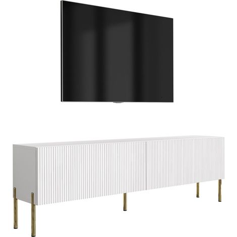 Mobile TV con gambe 170 cm, 2 ante, frontali scanalati, Bianco Opaco, gambe dritte dorate, 170 x 32 x 52 cm (1/5)