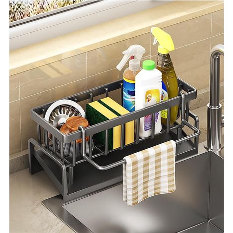 Gris Panier d'évier avec crochets amovibles et bac d'égouttage inclinable – Organisateur d'évier de cuisine, porte-éponge de comptoir, porte-brosse à vaisselle (1/5)