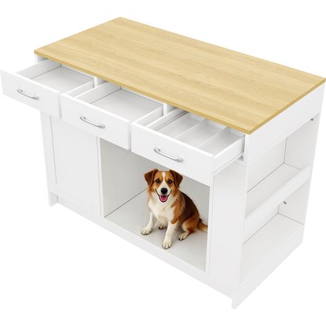 Îlot de cuisine, meuble avec 3 tiroirs, 1 range-épices, tablette réglable, double rangement (sans plateau pour nourriture pour chien), grand espace de rangement pour animaux (sans coussin pour chien), (1/5)