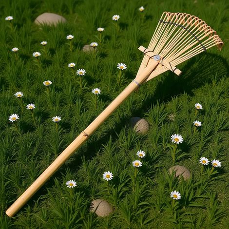 Petit râteau de jardin portable et léger avec manche en bambou pour aérer, désherber, creuser, planter et entretenir la pelouse (1/5)