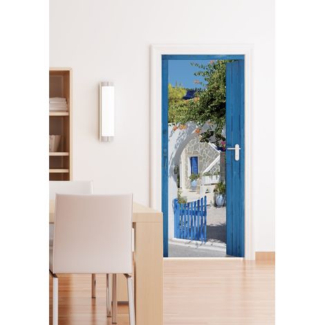 Sticker Porte Trompe l'oeil Bois Bleu 204 cm x 83 cm - Décoration Cour Maison Style Grec (1/2)