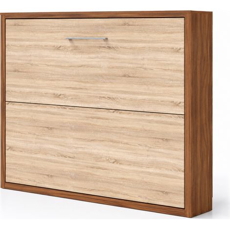 Lit escamotable horizontal KLIKA - Sommier à lattes - Poignée acier brossé 54cm Noyer Sans matelas-80x180-Cadre Noyer-Façade Chêne clair (1/5)