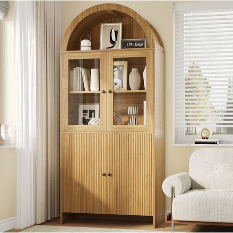 Buffet vitrine 78x40x176 cm naturel en panneaux de particules avec portes en verre, rangement fermé et design voûté (1/5)