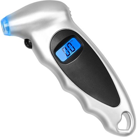 Manómetro digital para neumáticos, 150 PSI, 4 ajustes, para coche, camión y bicicleta, con pantalla LCD retroiluminada y agarre antideslizante, color plata (1 unidad). (1/5)