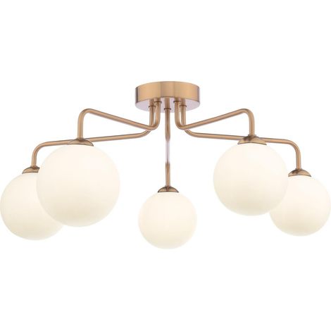 Dar Feya Plafonnier semi-encastré Feya 5 lumières, finition bronze antique et verre opale