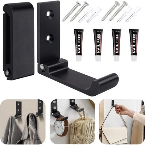 Crochets muraux lot de 2 en alliage d'aluminium - patères pliables avec colle sans clou et vis, noir, 7,5 x 2,5 cm (1/5)