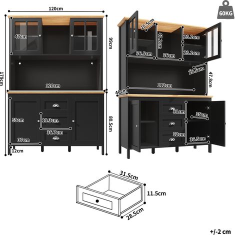 Meuble de rangement haut, armoire de cuisine avec éclairage LED, buffet colonne 120x40x179 cm, 4 portes et 3 tiroirs, blanc/noir (1/5)