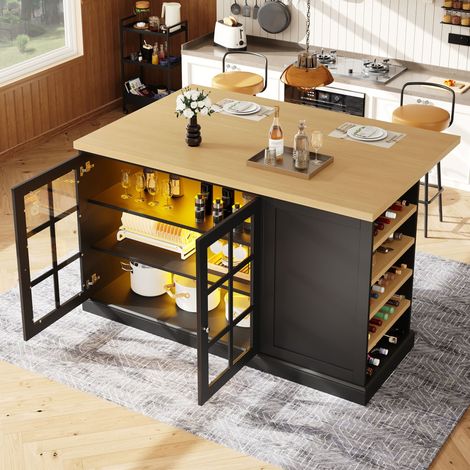 Îlot de cuisine pliable LED RGB 120x40-70x90 cm, table de bar, plateau rabattable, tiroir, casier à vin incliné, MDF et verre, noir et effet bois (1/5)