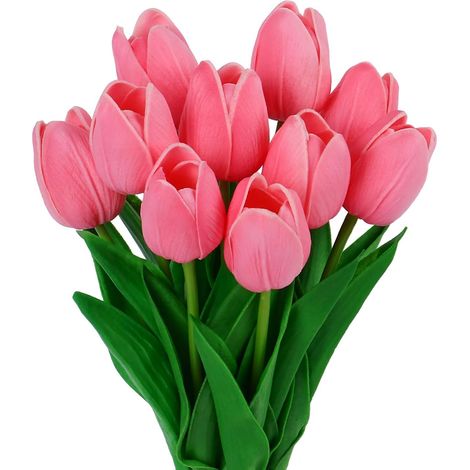 10 Pièces Tulipe Artificielle Rose Foncé Bouquet Fleur Artificielle Tulipe Réaliste Fausse Fleur Latex Polyuréthane Fleurs Artificielles Haut de Gamme pour Mariage Maison Jardin Le Parti