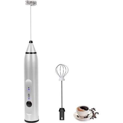 Mousseur à lait électrique, portable, rechargeable, en acier inoxydable, 3 vitesses, 2 fouets, pour le café, argenté. (1/5)