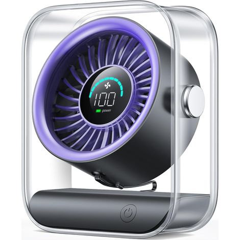 Ventilatore da tavolo ricaricabile tramite USB, silenzioso, con turbina, 100 velocità, display digitale, rotazione a 90°, compatto, alimentato a batteria (viola) (1/5)