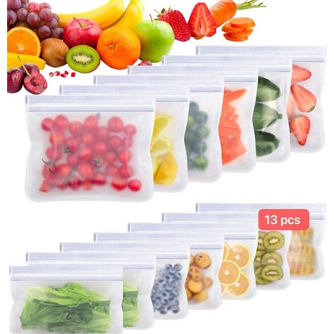 PEVA-Lebensmittelaufbewahrungsbeutel, 13er-Packung, auslaufsicher und wiederverwendbar, für Gemüse, Obst, Snacks und Mittagessen.