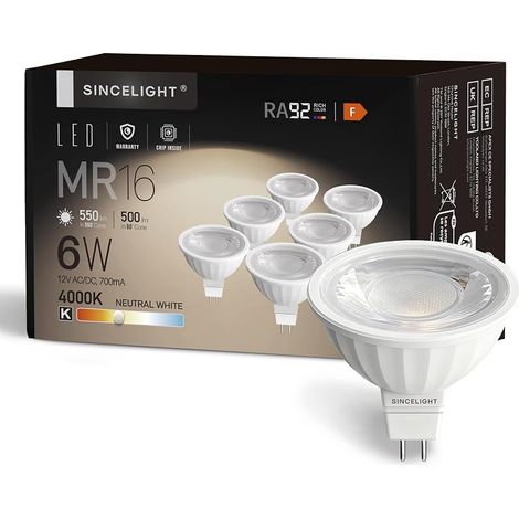 MR16 Ampoule à Réflecteur LED avec Culot Gu5.3, 12V, 6W, 500 Lumens, équivalent halogène 50W, 4000K (Blanc Neutre), Couleur Magnifique RA≈92, Angle de Faisceau 38°, Lot de 6 (1/5)