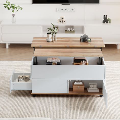 Mesa de centro elevable 100x98x65 cm blanca y madera en aglomerado con almacenaje, ruedas y cajón (1/5)
