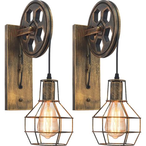 Lot de 2 Applique Murale, Métal, Poulie Bois, E27, Intérieur (1/5)