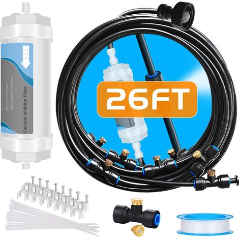 Sistema de nebulización con filtro de agua - Línea mejorada de 8 m (26 pies) y 8 boquillas de latón para refrigeración de patios exteriores (negro)