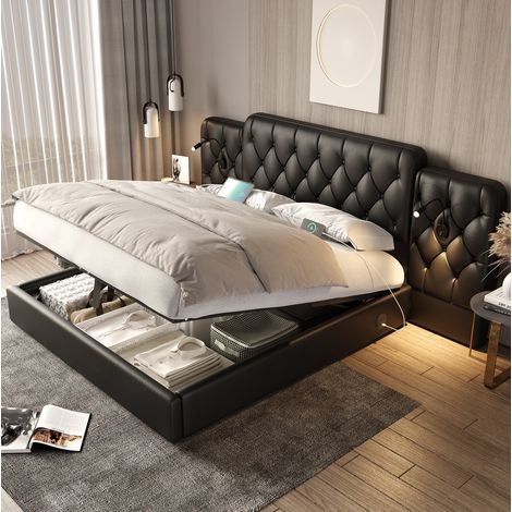 Letto a cassone adulti 180x200 cm con testiera alta, 2 lampade da lettura, porte USB, rete a doghe, senza materasso, nero (1/5)