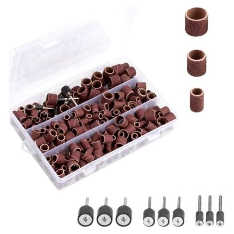 338-piece sanding drum kit with plastic case, including 329 sanding belts and 9 drum mandrels (1/2", 3/8", 1/4") for Dremel rotary tools