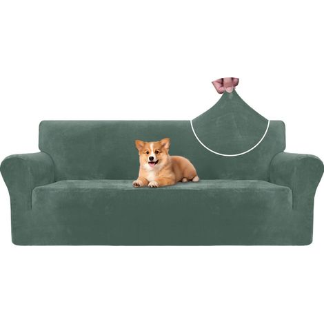 Samt Sofa Überzug 3 Sitzer, elastisch, rutschfest, haustierfreundlich, hellgrün (1/5)