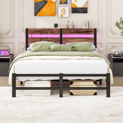 Cama 120x200 de metal con LED RGB, 2 puertos USB, negro y marrón DESVIAE (1/5)