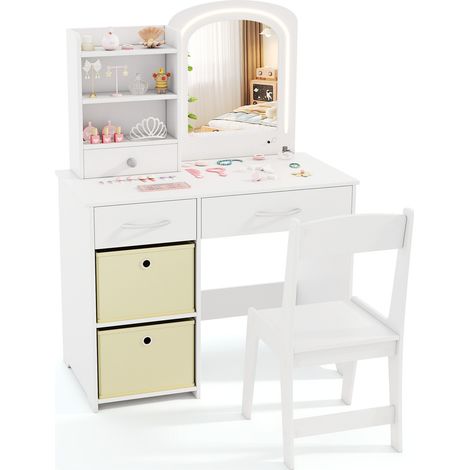 Coiffeuse enfant blanche avec miroir lumineux à 2 teintes, chaise, tiroirs et étagères, pour chambre, dressing et salle de jeux (1/5)