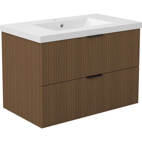 Acezanble Meuble de salle de bain mural Noyer 80 cm - 2 tiroirs, lavabo inclus