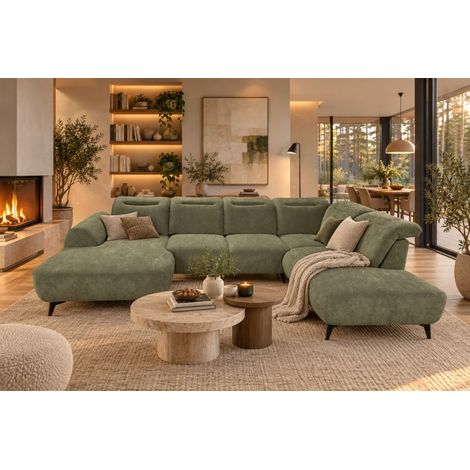 Wohnlandschaft Sofa U-Form ALETTE in Stoff Doha Hellgrün Lange Schenkel Rechts (1/5)
