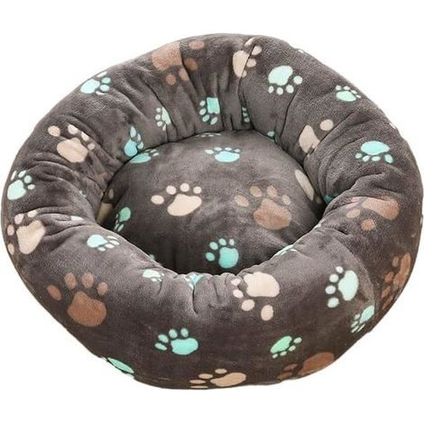 Round Plush Dog Bed with Cat Pattern, Washable Paw Design Pet Cushion, 60 cm