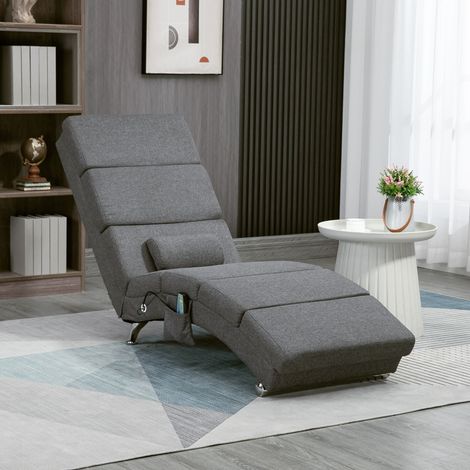 Poltrona relax con funzione massaggio e riscaldamento, chaise longue con telecomando e cuscino, tessuto effetto lino, grigio