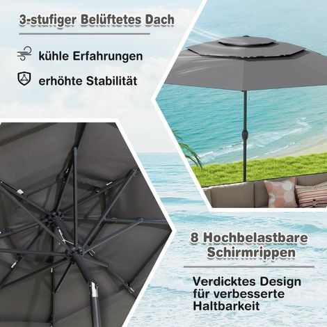 Parasol de terrasse résistant au vent, 300 cm, inclinaison par manivelle, gris