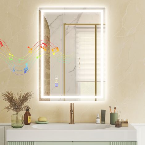 Espejo de pared con luz LED y altavoz Bluetooth de 70x50 cm, 3 colores, espejo de baño con brillo ajustable, función de memoria, antivaho, interruptores táctiles, horizontal/vertical. (1/5)