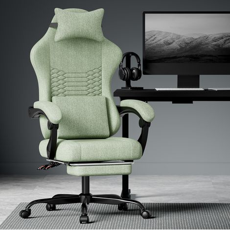 Sedia da gaming verde in tessuto con poggiapiedi estraibile, supporto lombare e schienale reclinabile (1/5)