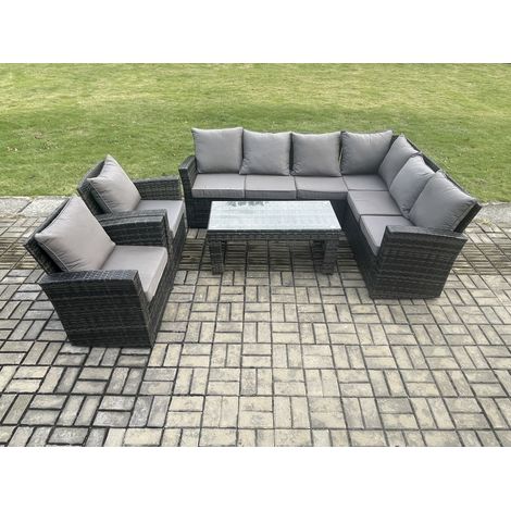 Fimous 8 Seat Rattan Garden Furniture Corner Sofa Set Outdoor Patio Sofa Chair Table Set with Cushions Dark Grey Mixed (1/5)