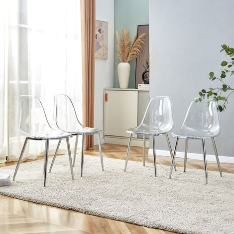 MEUBLIV Chaise de salle à manger 4 pièces transparente – pieds métal argentés, lot de 4 (1/5)