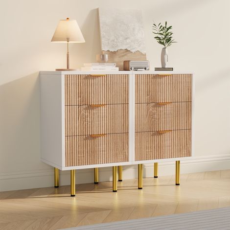 Lot de 2 Tables de Chevet - 40x40x65cm - avec 3 Tiroirs Ondulés, Pieds et Poignées Métalliques Dorés - Blanc et Bois Clair (1/5)