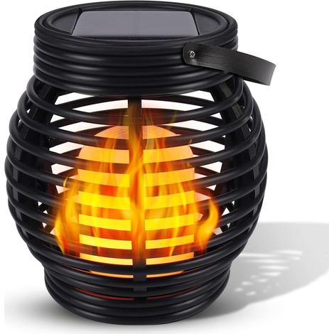 Lanterne Solaire Extérieure, Lampe Solaire en Rotin avec Flammes Scintillantes Réalistes, Suspendue/Debout, Lumière Solaire Flamme pour Balcon, Patio, Jardin (1/5)