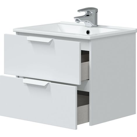 Pegane – Meuble de salle de bain suspendu 60 cm – 2 tiroirs en bois mélaminé blanc – Dimensions 60x45x50 cm – Personnalisable sans miroir