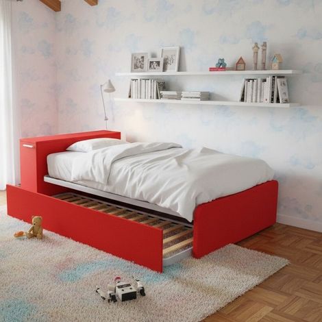 Letto una piazza e mezza 120x190 con contenitore e secondo letto estraibile - Rosso
